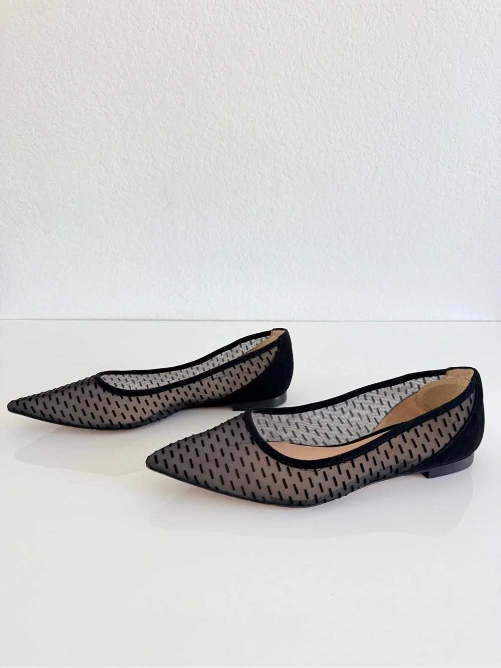 Stuart Weitzman Black Pointed Mesh Flats with Dotted Pattern